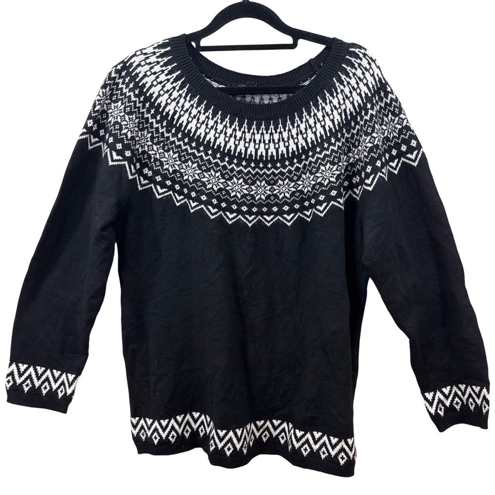 Talbots Plus Womens 1X Black White Fair Isle Geometric Knit Crew Neck Sweater
